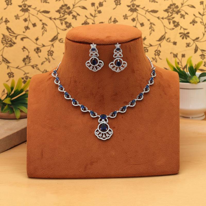 Majestic sapphire blue color american diamond necklace set for special occasion attire