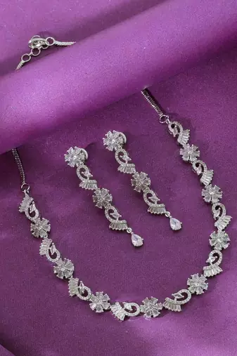 Radiant fine silver color american diamond necklace set created for formal evening gatherings
