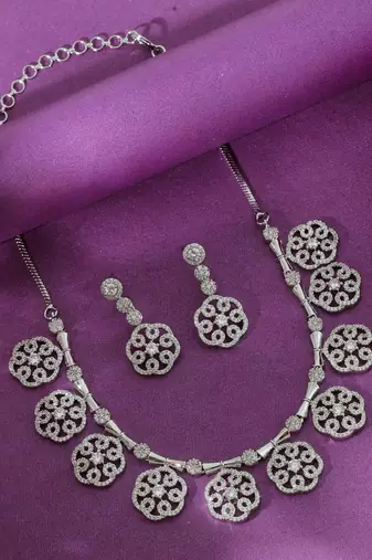 Sparkling diamond silver color american diamond necklace set perfect for receptions