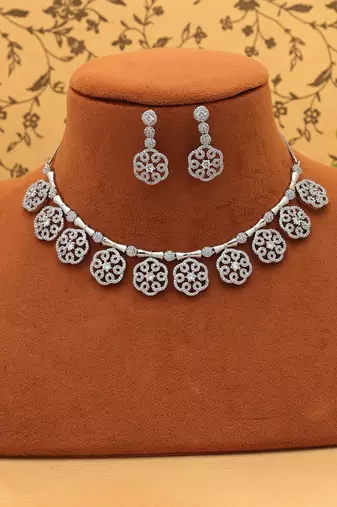 Sparkling diamond silver color american diamond necklace set perfect for receptions
