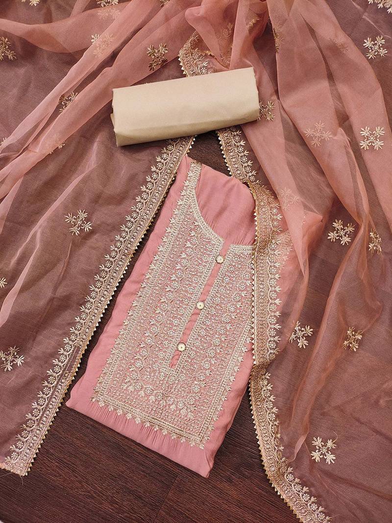Floral Embroidered Zari Work Unstitched Dress Material