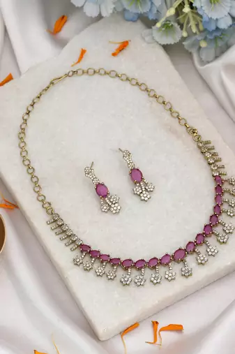 Soft delicate pink color american diamond necklace set created for minimalist festive outfits