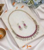 Soft delicate pink color american diamond necklace set created for minimalist festive outfits