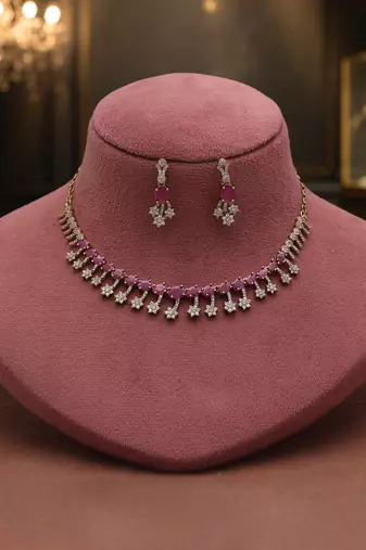 Soft delicate pink color american diamond necklace set created for minimalist festive outfits