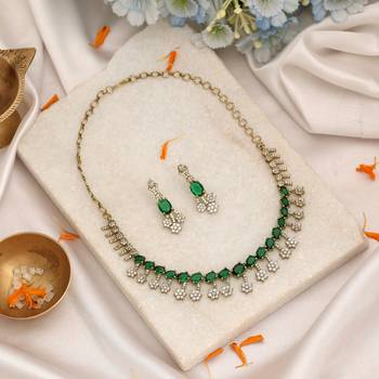 Lush emerald green color american diamond necklace set tailored for ethnic sarees 1