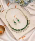 Lush emerald green color american diamond necklace set tailored for ethnic sarees