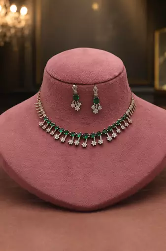 Lush emerald green color american diamond necklace set tailored for ethnic sarees