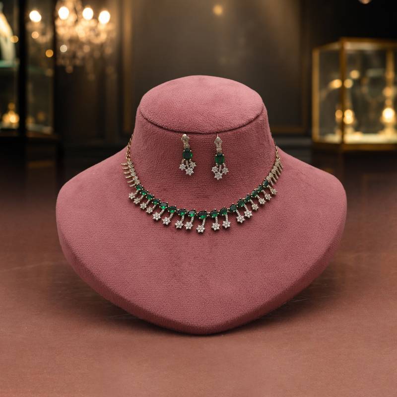 Lush emerald green color american diamond necklace set tailored for ethnic sarees