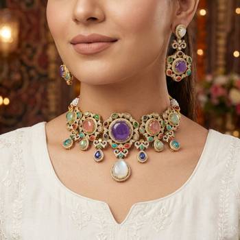 Designer crafts multi color sabyasachi inspired russian stone necklace set for events 2