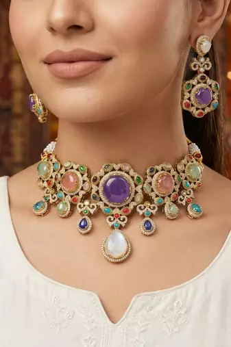 Designer crafts multi color sabyasachi inspired russian stone necklace set for events