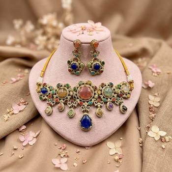 Imperial polish multi color sabyasachi inspired russian stone necklace set for festivities 1