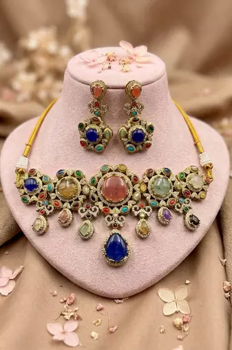 Imperial polish multi color sabyasachi inspired russian stone necklace set for festivities