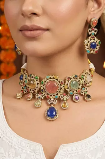 Imperial polish multi color sabyasachi inspired russian stone necklace set for festivities