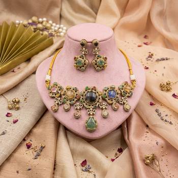Ornate traditional multi color sabyasachi inspired russian stone necklace set for weddings 1