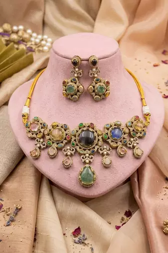 Ornate traditional multi color sabyasachi inspired russian stone necklace set for weddings