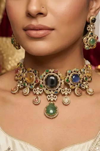 Ornate traditional multi color sabyasachi inspired russian stone necklace set for weddings