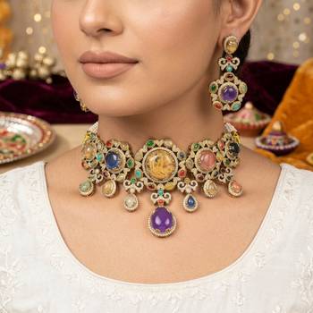 Luxurious heavy multi color sabyasachi inspired russian stone necklace set for bridal wear 1
