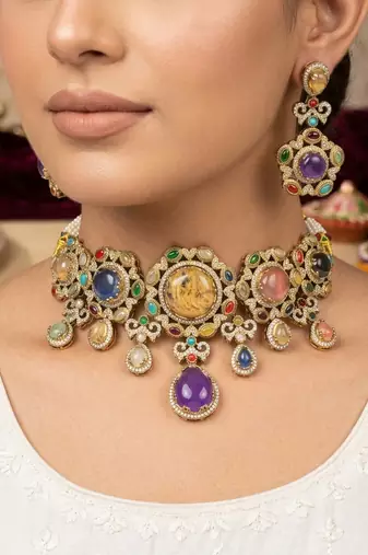Luxurious heavy multi color sabyasachi inspired russian stone necklace set for bridal wear