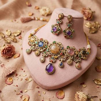 Luxurious heavy multi color sabyasachi inspired russian stone necklace set for bridal wear 2