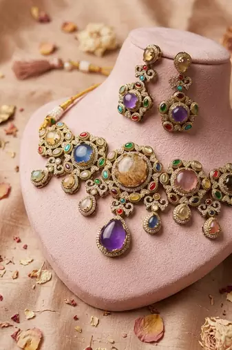 Luxurious heavy multi color sabyasachi inspired russian stone necklace set for bridal wear