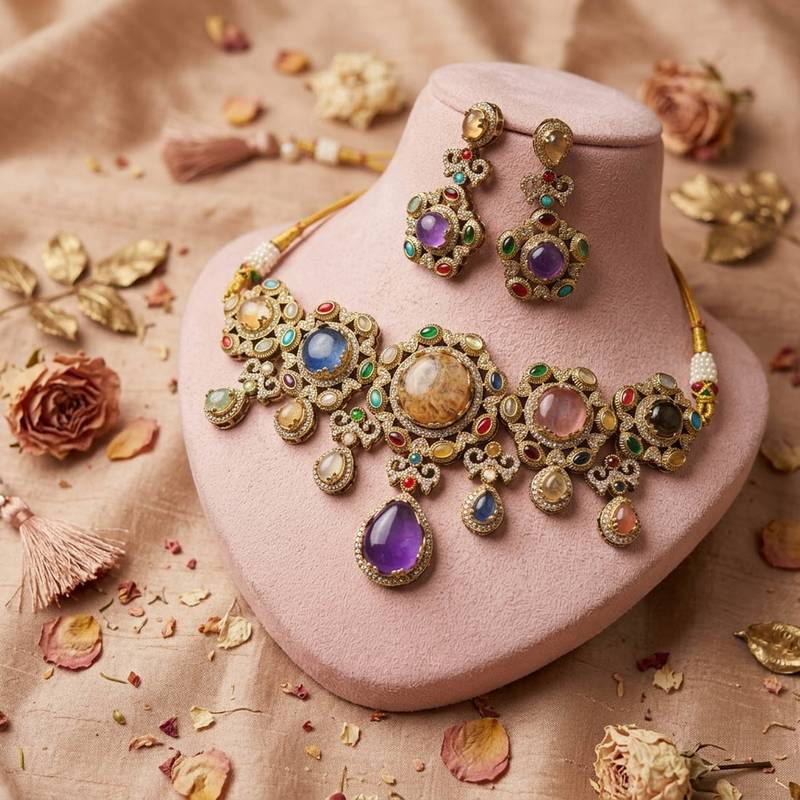 Luxurious heavy multi color sabyasachi inspired russian stone necklace set for bridal wear