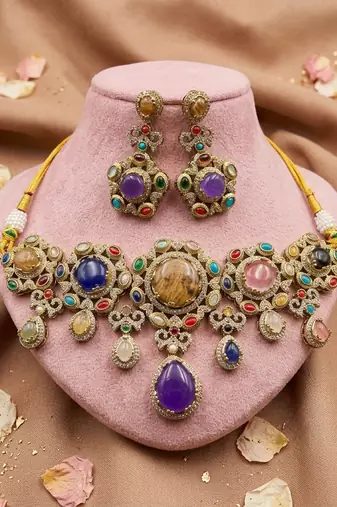 Exquisite artisanal multi color sabyasachi inspired russian stone necklace set for celebrations