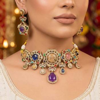 Exquisite artisanal multi color sabyasachi inspired russian stone necklace set for celebrations 2