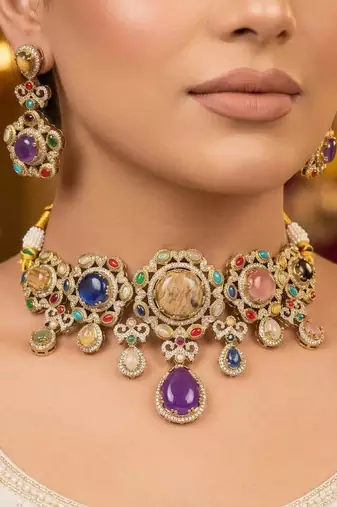 Exquisite artisanal multi color sabyasachi inspired russian stone necklace set for celebrations
