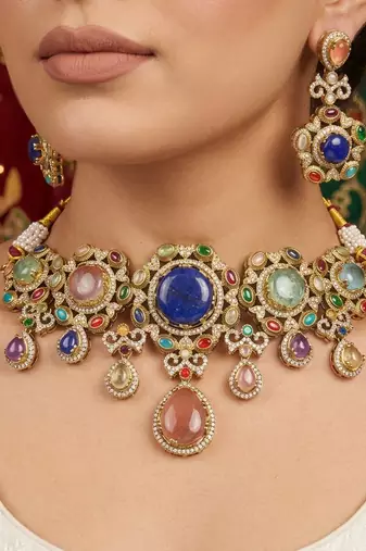 Chic royal multi color sabyasachi inspired russian stone necklace set for parties