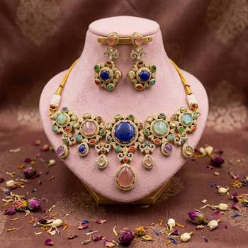 Chic royal multi color sabyasachi inspired russian stone necklace set for parties 2