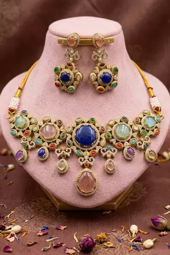 Chic royal multi color sabyasachi inspired russian stone necklace set for parties