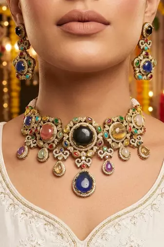 Unique heritage multi color sabyasachi inspired russian stone necklace set for receptions