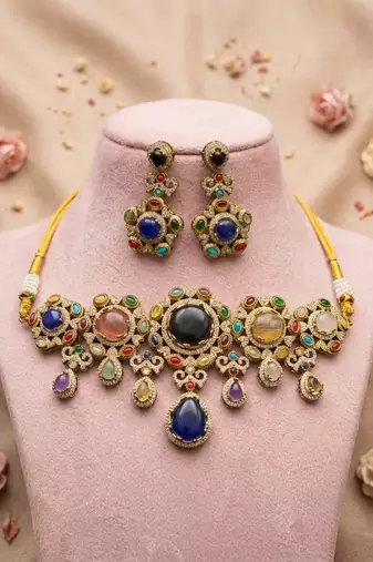 Unique heritage multi color sabyasachi inspired russian stone necklace set for receptions