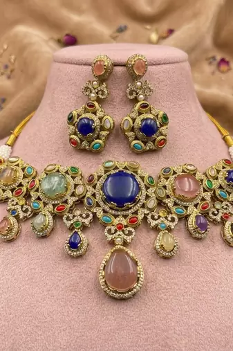 Regal masterpiece multi color sabyasachi inspired russian stone necklace set for special gatherings