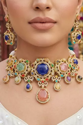 Regal masterpiece multi color sabyasachi inspired russian stone necklace set for special gatherings