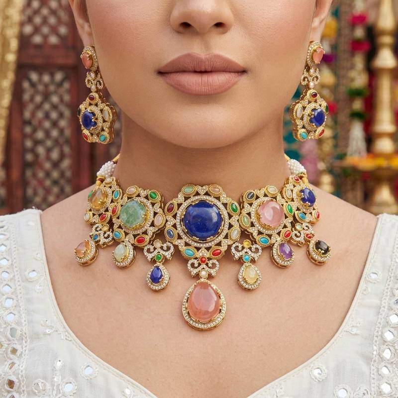 Regal masterpiece multi color sabyasachi inspired russian stone necklace set for special gatherings