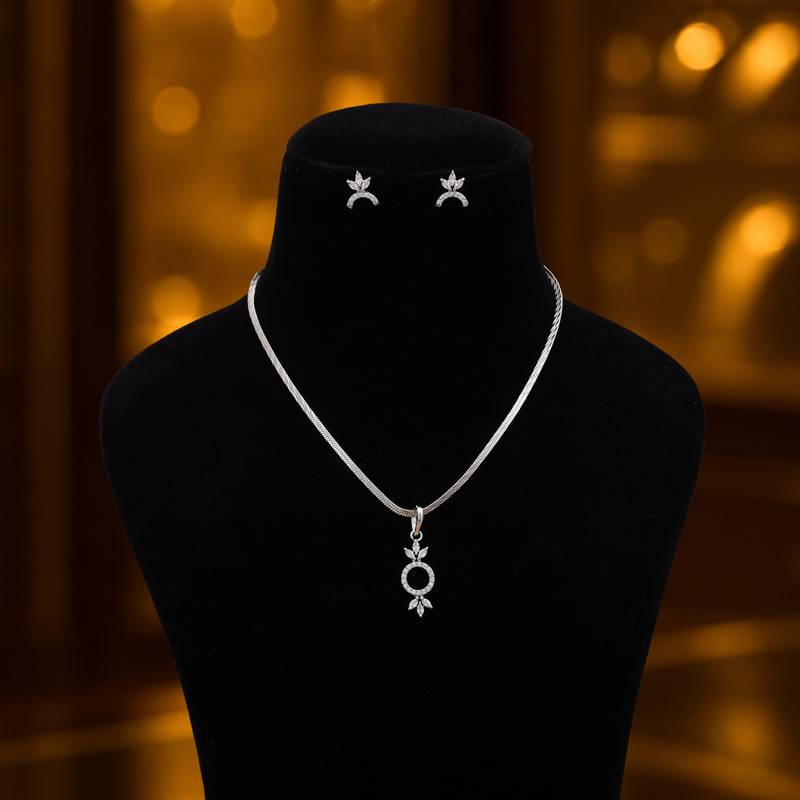 Shimmering fine silver color american diamond necklace set ideal for formal gatherings