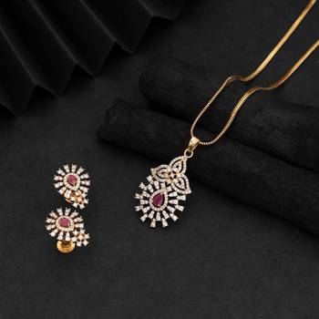 Vivid hot rani color american diamond pendant set designed for sangeet celebrations 1