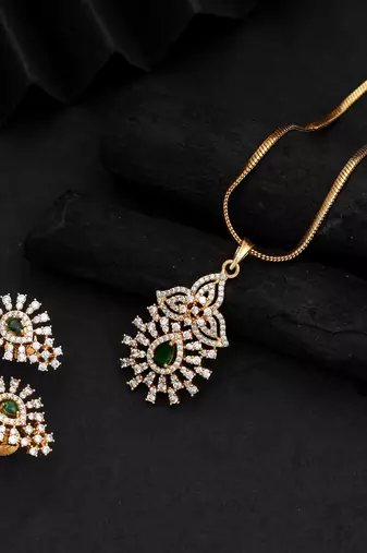 Lush jade green color american diamond pendant set suitable for ethnic outfits