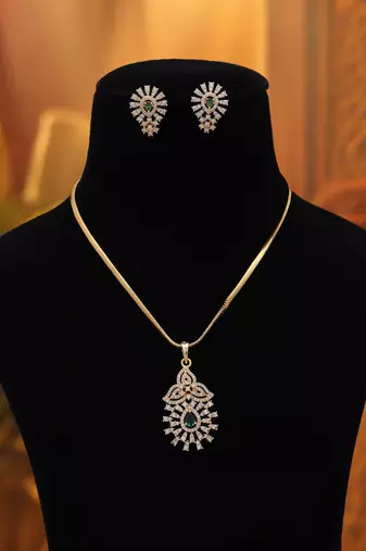 Lush jade green color american diamond pendant set suitable for ethnic outfits