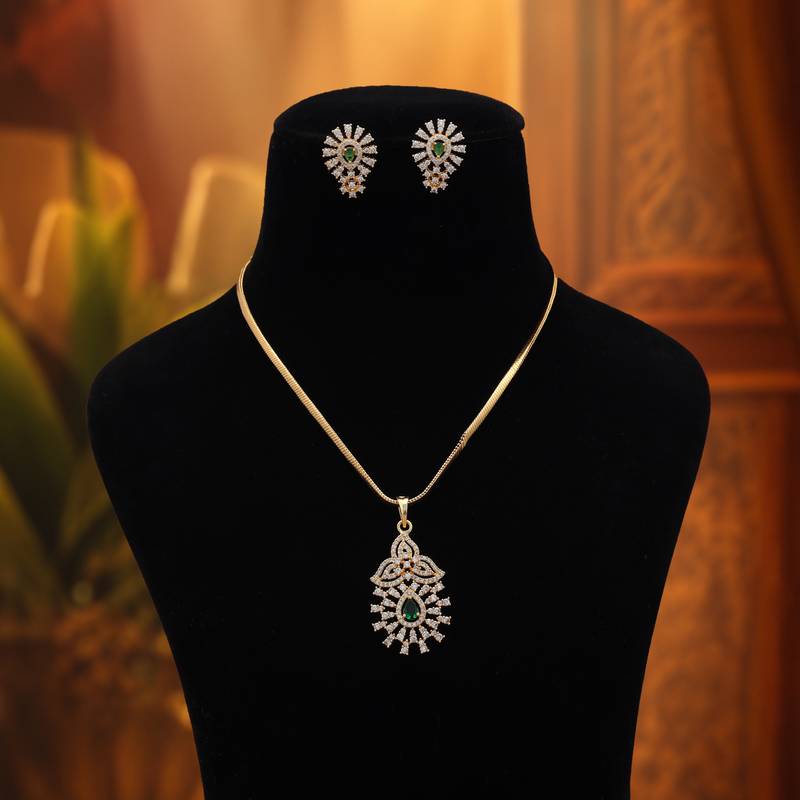 Lush jade green color american diamond pendant set suitable for ethnic outfits
