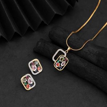 Playful gemstone multi color american diamond pendant set tailored for festive parties 1