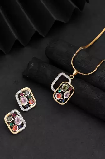 Playful gemstone multi color american diamond pendant set tailored for festive parties