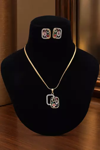 Playful gemstone multi color american diamond pendant set tailored for festive parties