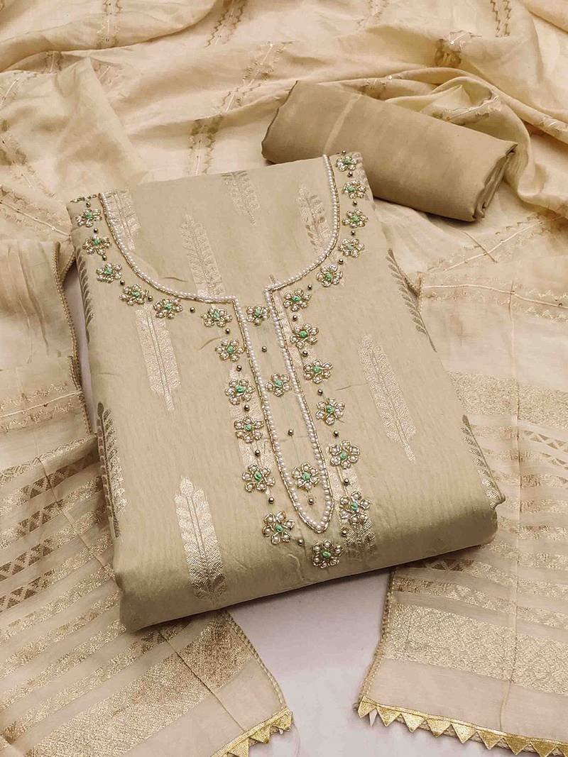 ethnic motifs woven design beads and stones unstitched dress material