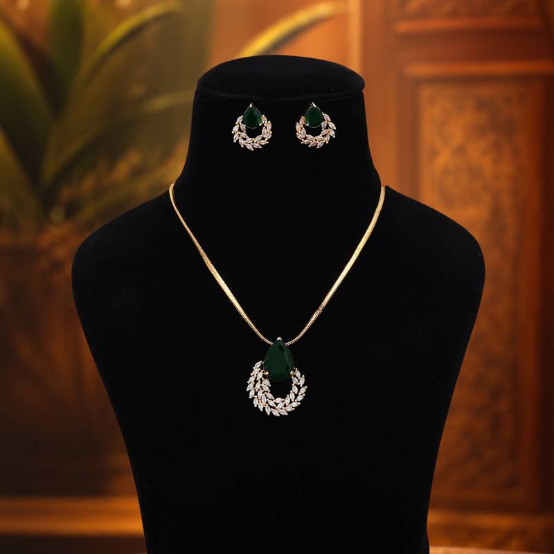 Rich forest green color american diamond pendant set specially made for women