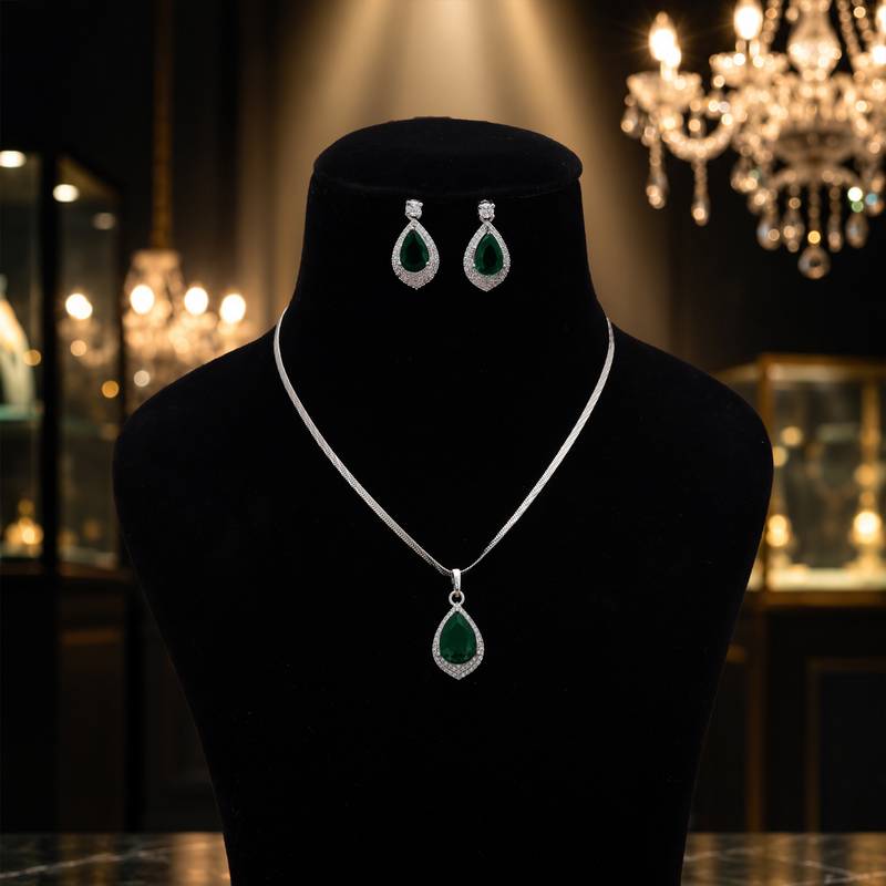 Radiant olive green color american diamond pendant set ideal for traditional outfits