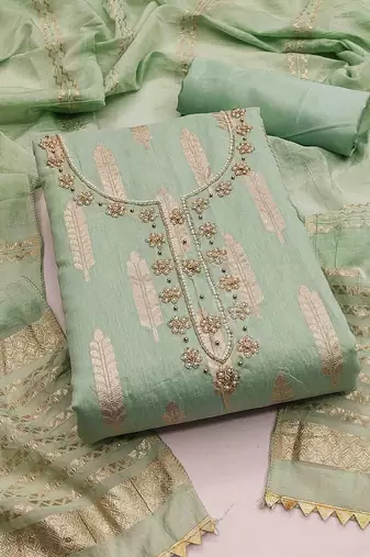 ethnic motifs woven design beads and stones unstitched dress material