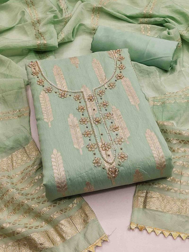 ethnic motifs woven design beads and stones unstitched dress material
