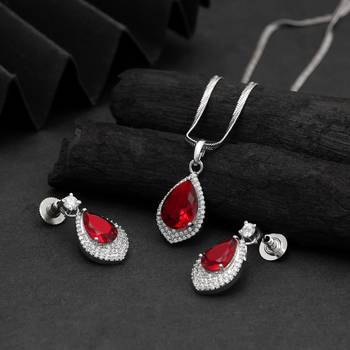 Classic ruby red color american diamond pendant set perfect for grand occasions 1